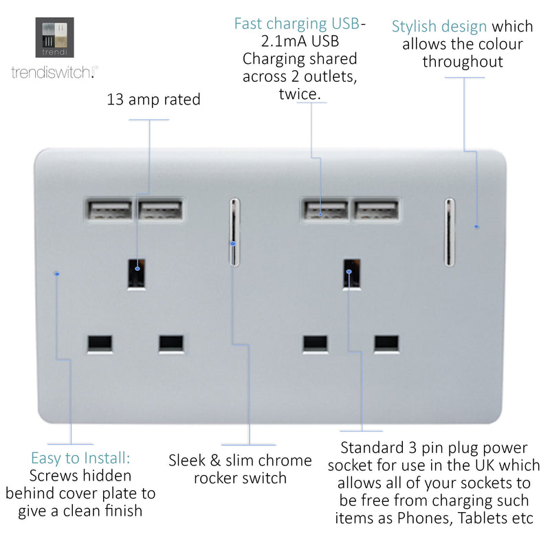 Load image into Gallery viewer, Trendi Switch ART-SKT213USBSI, Artistic Modern 2 Gang 13Amp Switched Double Socket With 4X 2.1Mah USB Silver Finish, BRITISH MADE, (45mm Back Box Required), 5yrs Warranty - 24241
