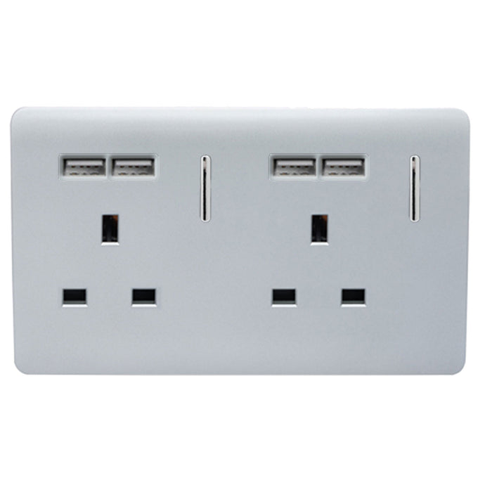 Trendi Switch ART-SKT213USBSI, Artistic Modern 2 Gang 13Amp Switched Double Socket With 4X 2.1Mah USB Silver Finish, BRITISH MADE, (45mm Back Box Required), 5yrs Warranty - 24241