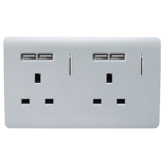Trendi Switch ART-SKT213USBSI, Artistic Modern 2 Gang 13Amp Switched Double Socket With 4X 2.1Mah USB Silver Finish, BRITISH MADE, (45mm Back Box Required), 5yrs Warranty - 24241