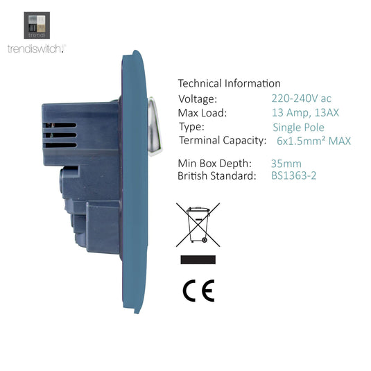 Trendi Switch ART-SKT213USBSK, Artistic 2 Gang 13Amp Switched Double Socket With 4X 2.1Mah USB Sky Finish, BRITISH MADE, (45mm Back Box Required), 5yrs Warranty - 53908