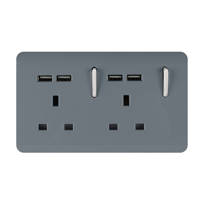 Trendi Switch ART-SKT213USBWG, Artistic 2 Gang 13Amp Switched Double Socket With 4X 2.1Mah USB Warm Grey Finish, BRITISH MADE, (45mm Back Box Required), 5yrs Warranty - 53909