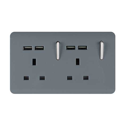 Trendi Switch ART-SKT213USBWG, Artistic 2 Gang 13Amp Switched Double Socket With 4X 2.1Mah USB Warm Grey Finish, BRITISH MADE, (45mm Back Box Required), 5yrs Warranty - 53909