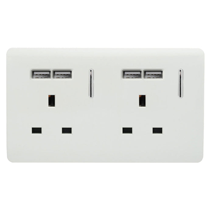 Trendi Switch ART-SKT213USBWH, Artistic Modern 2 Gang 13Amp Switched Double Socket With 4X 2.1Mah USB Gloss White Finish, BRITISH MADE, (45mm Back Box Required) 5yrs Wrnty - 24240