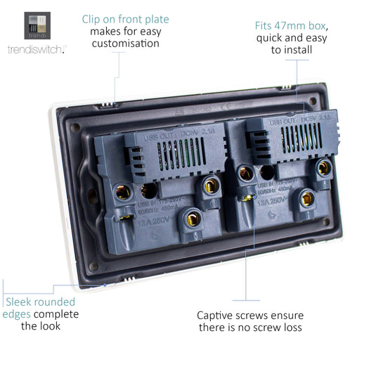 Trendi Switch ART-SKT213USBSK, Artistic 2 Gang 13Amp Switched Double Socket With 4X 2.1Mah USB Sky Finish, BRITISH MADE, (45mm Back Box Required), 5yrs Warranty - 53908