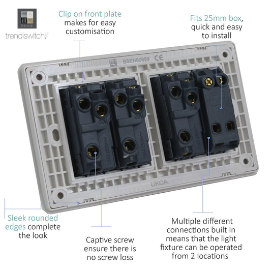 Trendi Switch ART-SS2229SK, Artistic Modern 4 Gang  (3x 2 Way 1x 3 Way Intermediate Twin Plate) Sky Finish, BRITISH MADE, (25mm Back Box Required), 5yrs Warranty - 53930