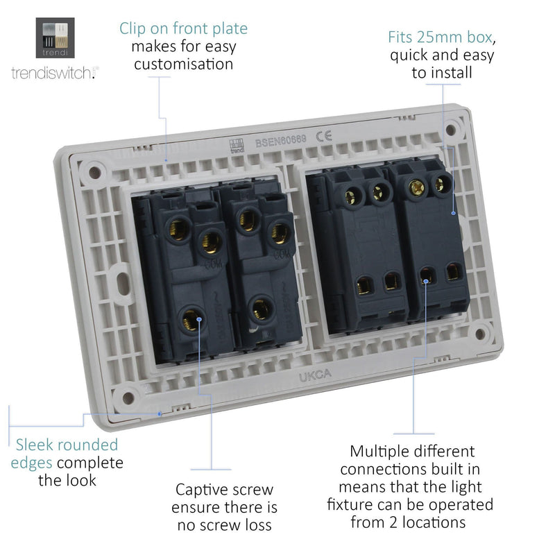 Load image into Gallery viewer, Trendi Switch ART-SS2299SK, Artistic Modern 4 Gang (2x2 Way, 2xIntermediate) 10 Amp Rocker Sky Finish, BRITISH MADE, (25mm Back Box Required), 5yrs Warranty - 53951
