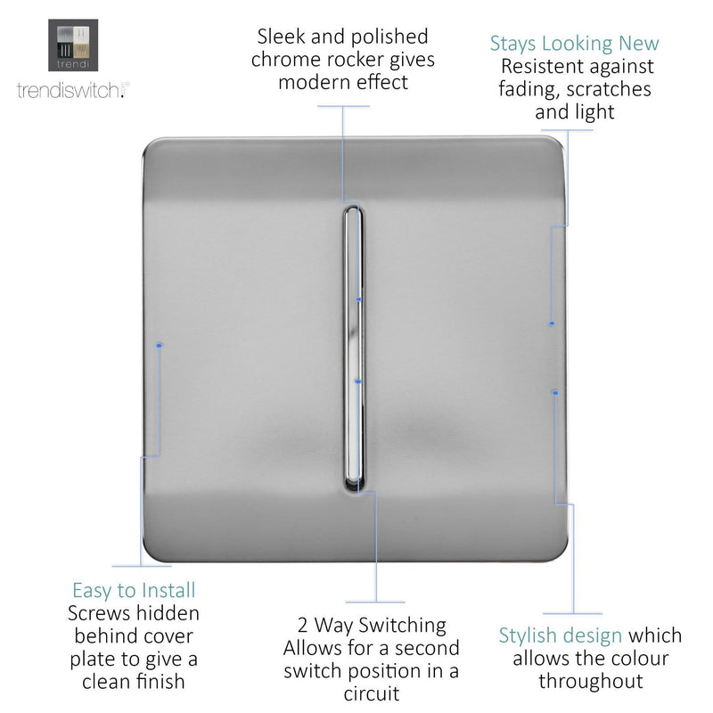 Load image into Gallery viewer, Trendi Switch ART-SS2BS, Artistic Modern 1 Gang 2 Way 10 Amp Rocker Brushed Steel Finish, BRITISH MADE, (25mm Back Box Required), 5yrs Warranty - 53994
