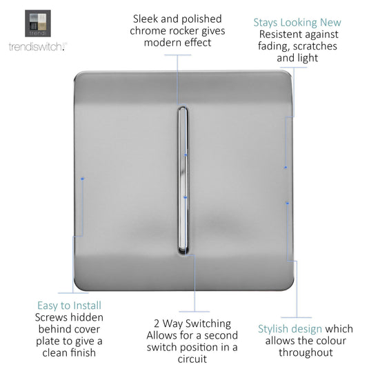 Trendi Switch ART-SS2BS, Artistic Modern 1 Gang 2 Way 10 Amp Rocker Brushed Steel Finish, BRITISH MADE, (25mm Back Box Required), 5yrs Warranty - 53994