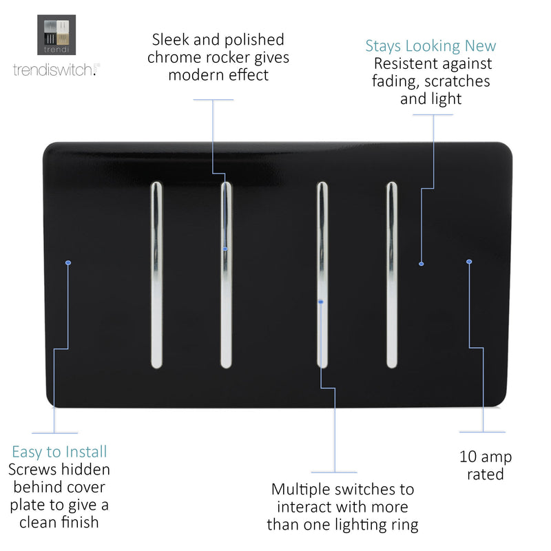 Load image into Gallery viewer, Trendi Switch ART-SS9999BK, Artistic Modern 4 Gang (4xIntermediate) 10 Amp Rocker Gloss Black Finish, BRITISH MADE, (25mm Back Box Required), 5yrs Warranty - 43910
