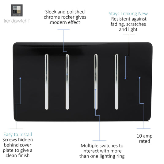 Trendi Switch ART-SS9999BK, Artistic Modern 4 Gang (4xIntermediate) 10 Amp Rocker Gloss Black Finish, BRITISH MADE, (25mm Back Box Required), 5yrs Warranty - 43910