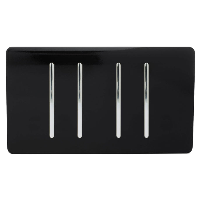 Trendi Switch ART-SS9999BK, Artistic Modern 4 Gang (4xIntermediate) 10 Amp Rocker Gloss Black Finish, BRITISH MADE, (25mm Back Box Required), 5yrs Warranty - 43910