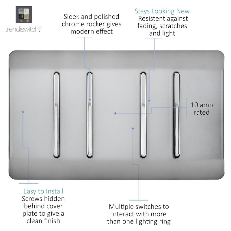 Load image into Gallery viewer, Trendi Switch ART-SS44BS, Artistic Modern 4 Gang 2 Way 10 Amp Rocker Twin Plate Brushed Steel Finish, BRITISH MADE, (25mm Back Box Required), 5yrs Warranty - 54012
