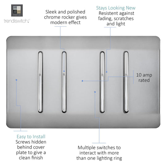 Trendi Switch ART-SS44BS, Artistic Modern 4 Gang 2 Way 10 Amp Rocker Twin Plate Brushed Steel Finish, BRITISH MADE, (25mm Back Box Required), 5yrs Warranty - 54012