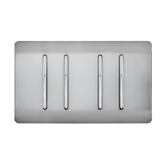 Trendi Switch ART-SS2999BS, Artistic Modern 4 Gang  (1x 2 Way 3x 3 Way Intermediate Twin Plate) Brushed Steel, BRITISH MADE, (25mm Back Box Required), 5yrs Warranty - 53954