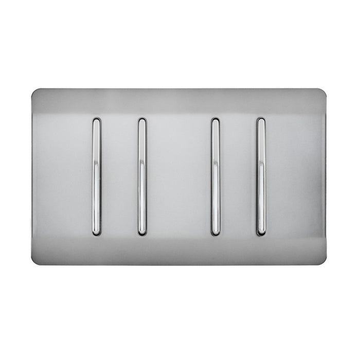 Trendi Switch ART-SS44BS, Artistic Modern 4 Gang 2 Way 10 Amp Rocker Twin Plate Brushed Steel Finish, BRITISH MADE, (25mm Back Box Required), 5yrs Warranty - 54012