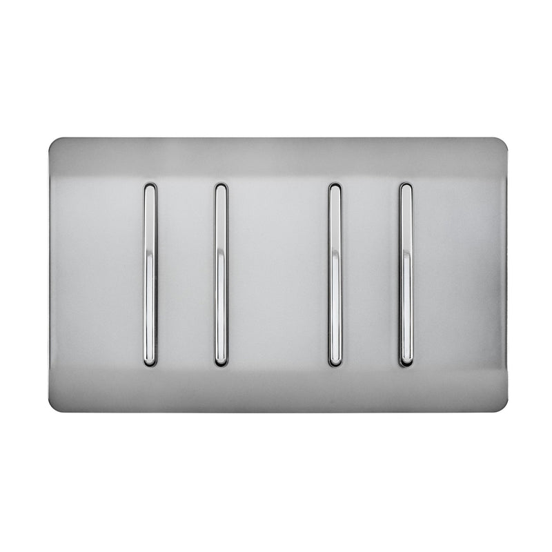 Load image into Gallery viewer, Trendi Switch ART-SS44BS, Artistic Modern 4 Gang 2 Way 10 Amp Rocker Twin Plate Brushed Steel Finish, BRITISH MADE, (25mm Back Box Required), 5yrs Warranty - 54012
