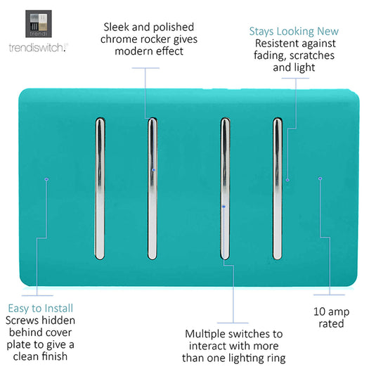 Trendi Switch ART-SS2999BT, Artistic Modern 4 Gang  (1x 2 Way 3x 3 Way Intermediate Twin Plate) Bright Teal, BRITISH MADE, (25mm Back Box Required), 5yrs Warranty - 53955