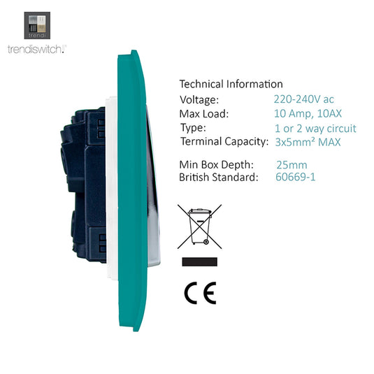 Trendi Switch ART-SS2299BT, Artistic Modern 4 Gang (2x2 Way, 2xIntermediate) 10 Amp Rocker Bright Teal Finish, BRITISH MADE, (25mm Back Box Required), 5yrs Warranty - 53933