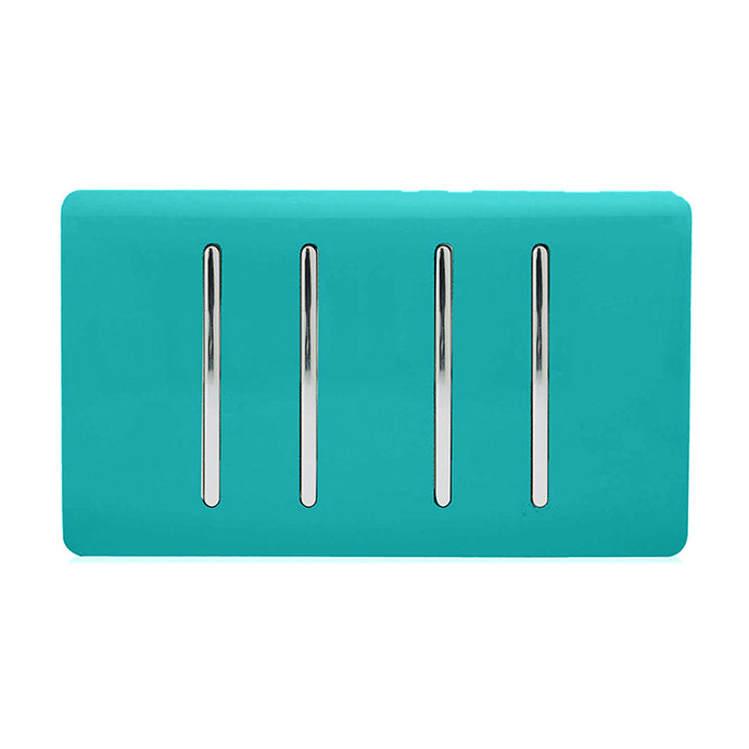 Trendi Switch ART-SS2299BT, Artistic Modern 4 Gang (2x2 Way, 2xIntermediate) 10 Amp Rocker Bright Teal Finish, BRITISH MADE, (25mm Back Box Required), 5yrs Warranty - 53933