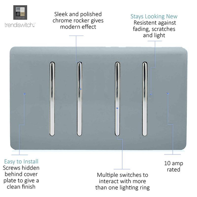 Load image into Gallery viewer, Trendi Switch ART-SS44CG, Artistic Modern 4 Gang 2 Way 10 Amp Rocker Twin Plate Cool Grey Finish, BRITISH MADE, (25mm Back Box Required), 5yrs Warranty - 54014

