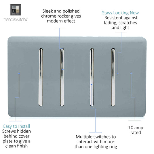 Trendi Switch ART-SS44CG, Artistic Modern 4 Gang 2 Way 10 Amp Rocker Twin Plate Cool Grey Finish, BRITISH MADE, (25mm Back Box Required), 5yrs Warranty - 54014