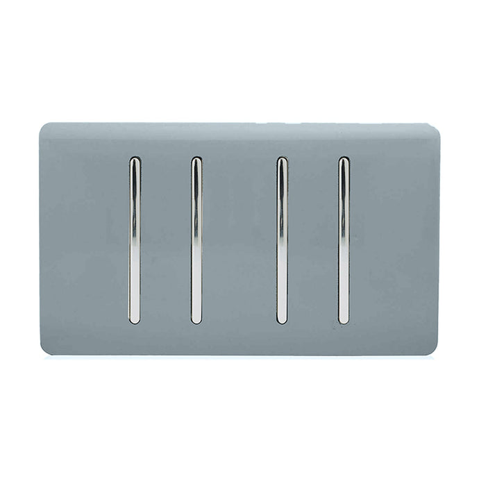 Trendi Switch ART-SS44CG, Artistic Modern 4 Gang 2 Way 10 Amp Rocker Twin Plate Cool Grey Finish, BRITISH MADE, (25mm Back Box Required), 5yrs Warranty - 54014