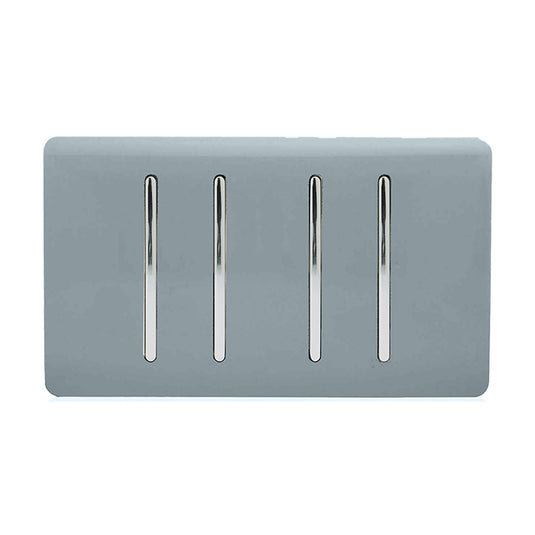 Trendi Switch ART-SS44CG, Artistic Modern 4 Gang 2 Way 10 Amp Rocker Twin Plate Cool Grey Finish, BRITISH MADE, (25mm Back Box Required), 5yrs Warranty - 54014