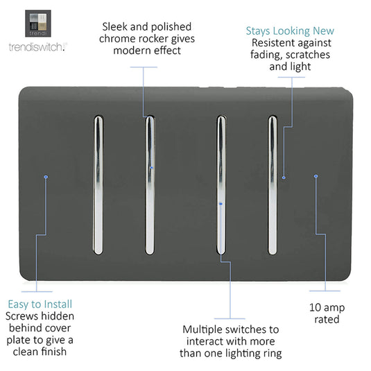 Trendi Switch ART-SS44CH, Artistic Modern 4 Gang 2 Way 10 Amp Rocker Twin Plate Charcoal Finish, BRITISH MADE, (25mm Back Box Required), 5yrs Warranty - 54015