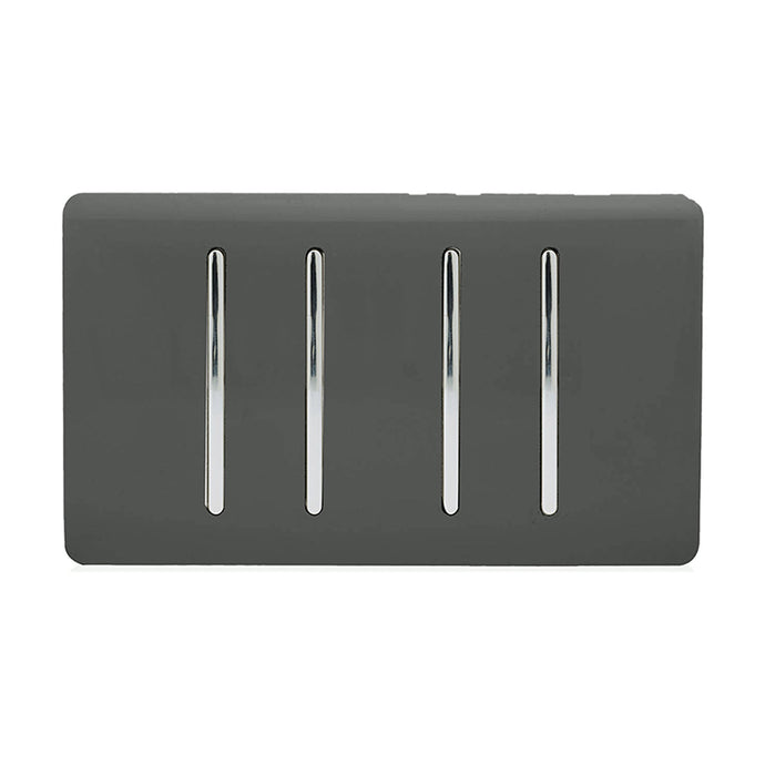 Trendi Switch ART-SS44CH, Artistic Modern 4 Gang 2 Way 10 Amp Rocker Twin Plate Charcoal Finish, BRITISH MADE, (25mm Back Box Required), 5yrs Warranty - 54015