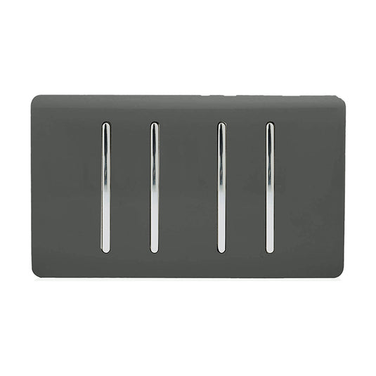Trendi Switch ART-SS44CH, Artistic Modern 4 Gang 2 Way 10 Amp Rocker Twin Plate Charcoal Finish, BRITISH MADE, (25mm Back Box Required), 5yrs Warranty - 54015