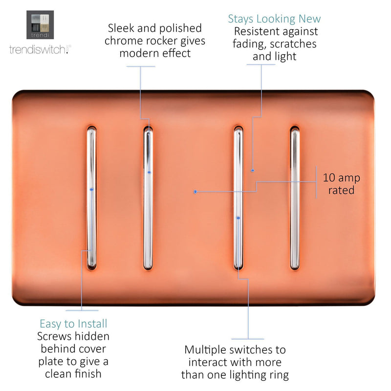 Load image into Gallery viewer, Trendi Switch ART-SS44CPR, Artistic Modern 4 Gang 2 Way 10 Amp Rocker Twin Plate Copper Finish, BRITISH MADE, (25mm Back Box Required), 5yrs Warranty - 54016
