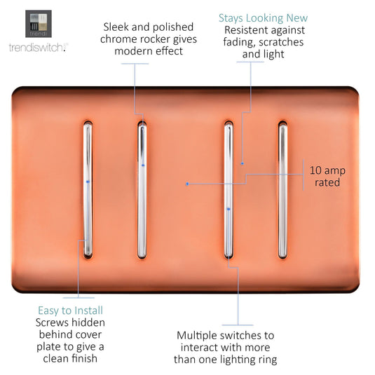 Trendi Switch ART-SS44CPR, Artistic Modern 4 Gang 2 Way 10 Amp Rocker Twin Plate Copper Finish, BRITISH MADE, (25mm Back Box Required), 5yrs Warranty - 54016
