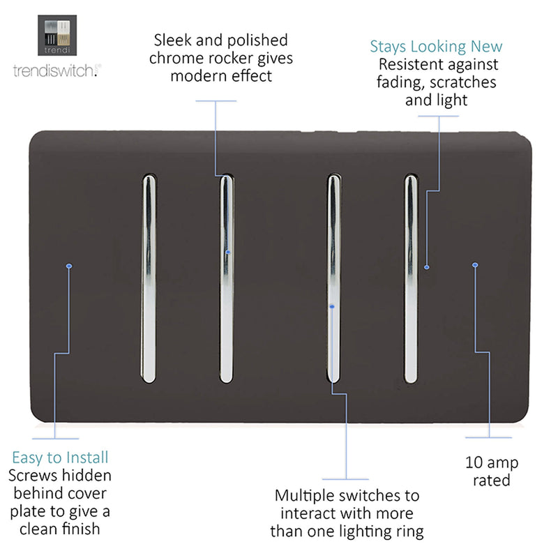 Load image into Gallery viewer, Trendi Switch ART-SS2229DB, Artistic Modern 4 Gang  (3x 2 Way 1x 3 Way Intermediate Twin Plate) Dark Brown Finish, BRITISH MADE, (25mm Back Box Required), 5yrs Warranty - 53916
