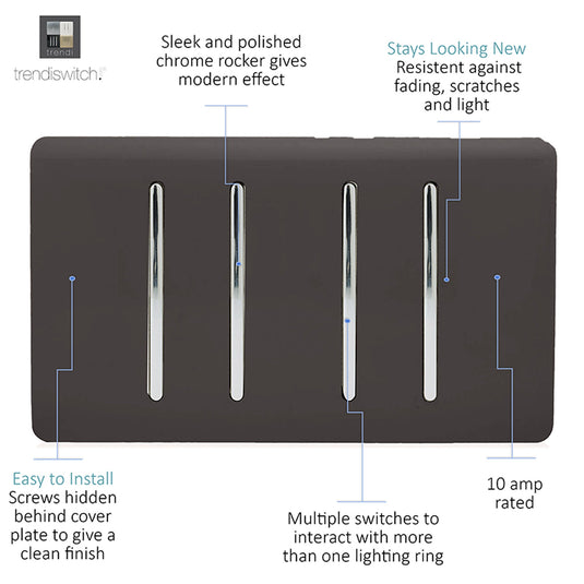Trendi Switch ART-SS44DB, Artistic Modern 4 Gang 2 Way 10 Amp Rocker Twin Plate Dark Brown Finish, BRITISH MADE, (25mm Back Box Required), 5yrs Warranty - 54017