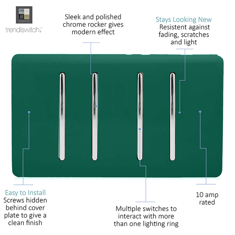 Load image into Gallery viewer, Trendi Switch ART-SS2229DG, Artistic Modern 4 Gang  (3x 2 Way 1x 3 Way Intermediate Twin Plate) Dark Green Finish, BRITISH MADE, (25mm Back Box Required), 5yrs Warranty - 53917
