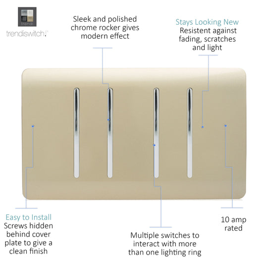 Trendi Switch ART-SS2999GO, Artistic Modern 4 Gang  (1x 2 Way 3x 3 Way Intermediate Twin Plate) Gold Finish, BRITISH MADE, (25mm Back Box Required), 5yrs Warranty - 43886