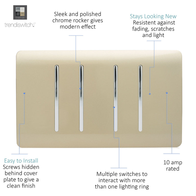 Load image into Gallery viewer, Trendi Switch ART-SS9999GO, Artistic Modern 4 Gang (4xIntermediate) 10 Amp Rocker Champagne Gold Finish, BRITISH MADE, (25mm Back Box Required), 5yrs Warranty - 43911
