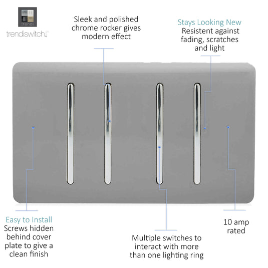 Trendi Switch ART-SS2229LG, Artistic Modern 4 Gang  (3x 2 Way 1x 3 Way Intermediate Twin Plate) Light Grey Finish, BRITISH MADE, (25mm Back Box Required), 5yrs Warranty - 53919