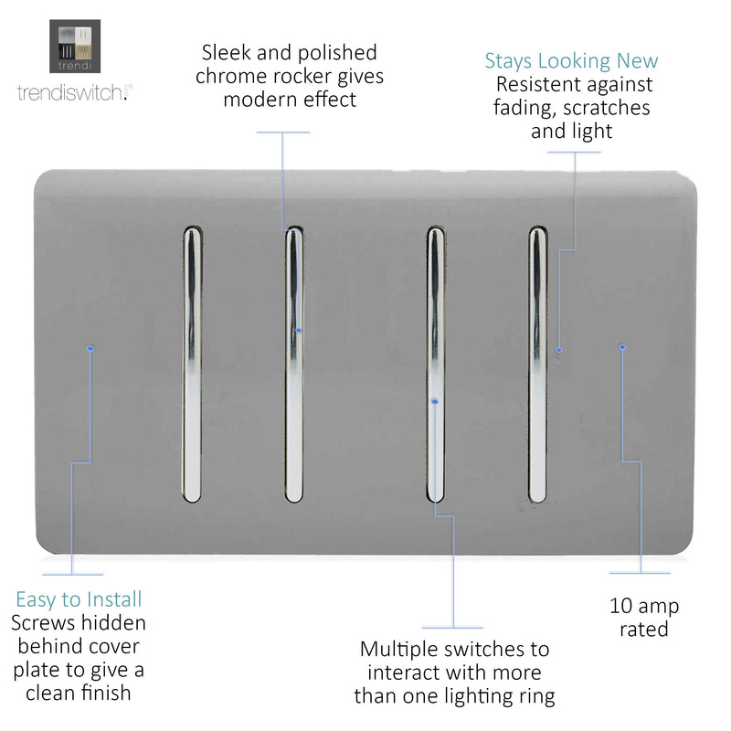 Load image into Gallery viewer, Trendi Switch ART-SS44LG, Artistic Modern 4 Gang 2 Way 10 Amp Rocker Twin Plate Light Grey Finish, BRITISH MADE, (25mm Back Box Required), 5yrs Warranty - 54019
