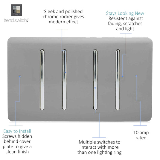 Trendi Switch ART-SS44LG, Artistic Modern 4 Gang 2 Way 10 Amp Rocker Twin Plate Light Grey Finish, BRITISH MADE, (25mm Back Box Required), 5yrs Warranty - 54019