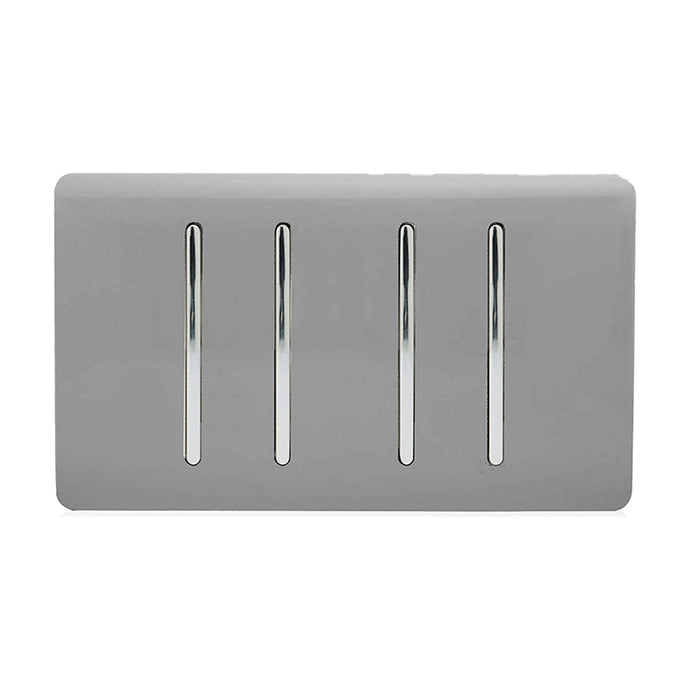 Trendi Switch ART-SS2299LG, Artistic Modern 4 Gang (2x2 Way, 2xIntermediate) 10 Amp Rocker Light Grey Finish, BRITISH MADE, (25mm Back Box Required), 5yrs Warranty - 53940