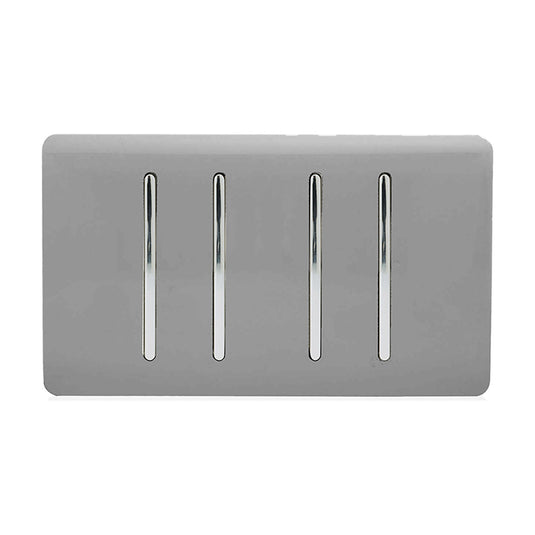 Trendi Switch ART-SS44LG, Artistic Modern 4 Gang 2 Way 10 Amp Rocker Twin Plate Light Grey Finish, BRITISH MADE, (25mm Back Box Required), 5yrs Warranty - 54019