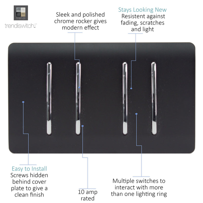 Load image into Gallery viewer, Trendi Switch ART-SS44MBK, Artistic Modern 4 Gang 2 Way 10 Amp Rocker Twin Plate Matt Black Finish, BRITISH MADE, (25mm Back Box Required), 5yrs Warranty - 43894
