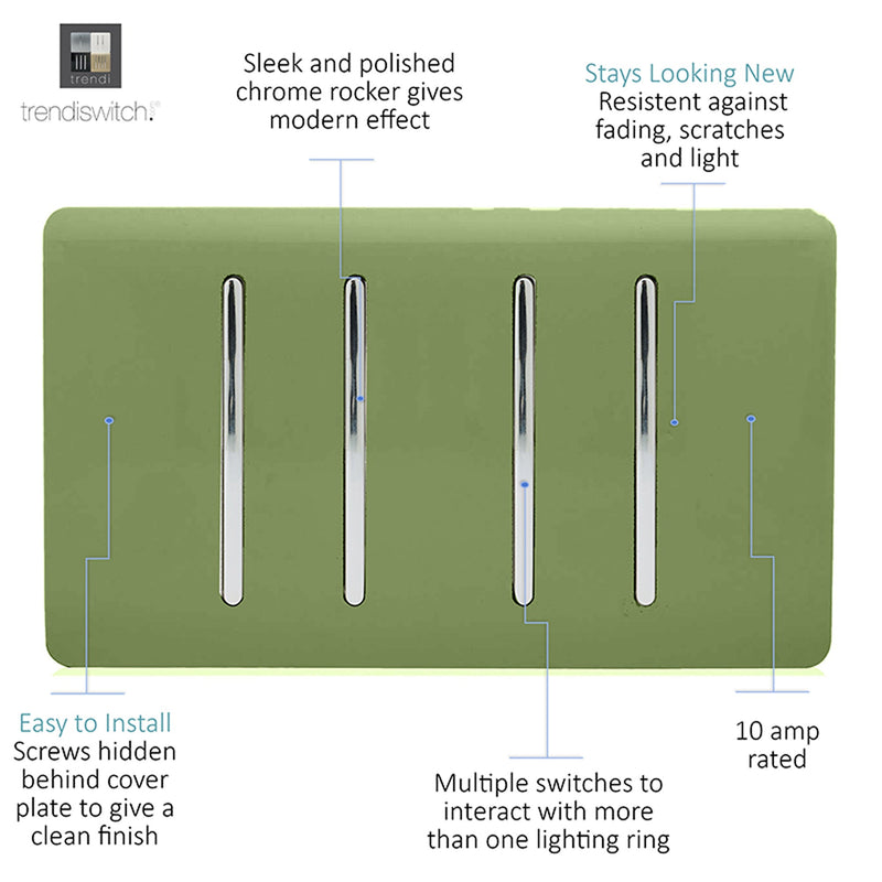 Load image into Gallery viewer, Trendi Switch ART-SS2229MG, Artistic Modern 4 Gang  (3x 2 Way 1x 3 Way Intermediate Twin Plate) Moss Green Finish, BRITISH MADE, (25mm Back Box Required), 5yrs Warranty - 53922
