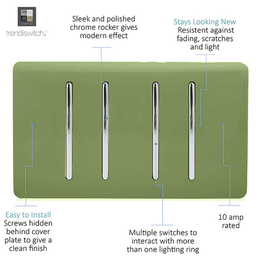 Trendi Switch ART-SS44MG, Artistic Modern 4 Gang 2 Way 10 Amp Rocker Twin Plate Moss Green Finish, BRITISH MADE, (25mm Back Box Required), 5yrs Warranty - 54021