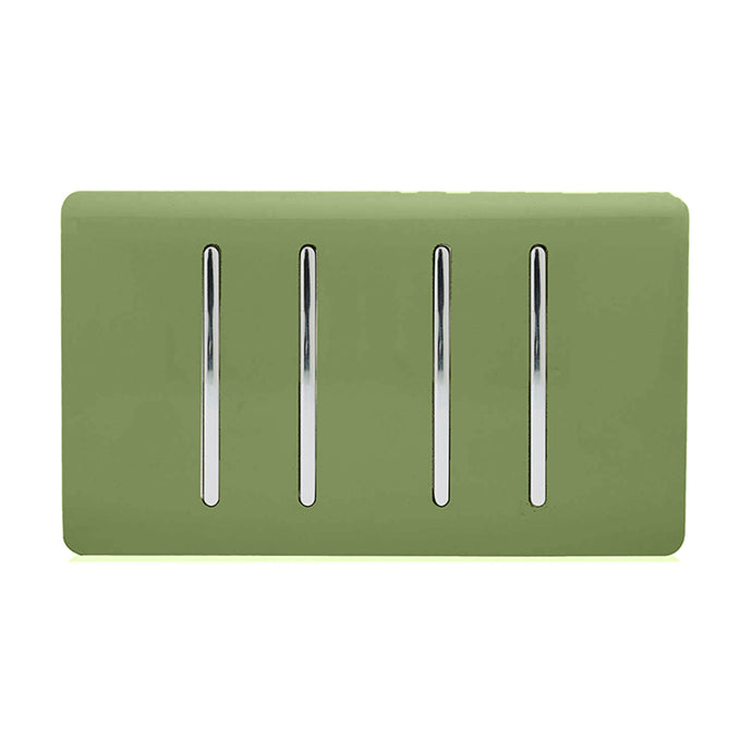 Trendi Switch ART-SS44MG, Artistic Modern 4 Gang 2 Way 10 Amp Rocker Twin Plate Moss Green Finish, BRITISH MADE, (25mm Back Box Required), 5yrs Warranty - 54021