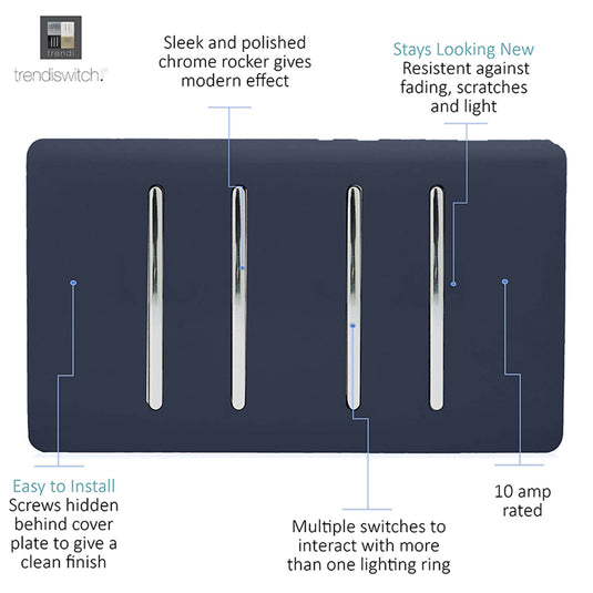 Trendi Switch ART-SS2229NV, Artistic Modern 4 Gang  (3x 2 Way 1x 3 Way Intermediate Twin Plate) Navy Blue Finish, BRITISH MADE, (25mm Back Box Required), 5yrs Warranty - 53923