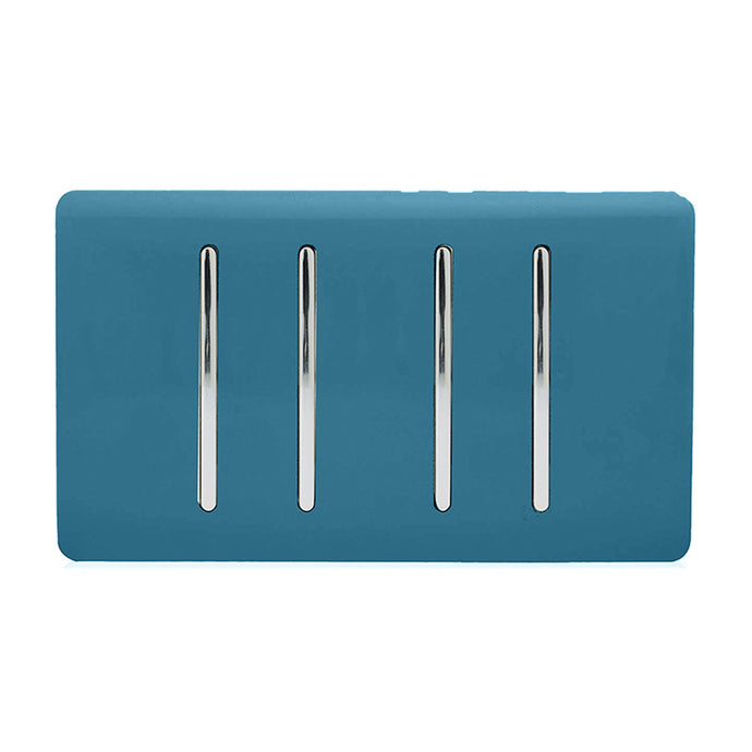 Trendi Switch ART-SS44OB, Artistic Modern 4 Gang 2 Way 10 Amp Rocker Twin Plate Ocean Blue Finish, BRITISH MADE, (25mm Back Box Required), 5yrs Warranty - 54023