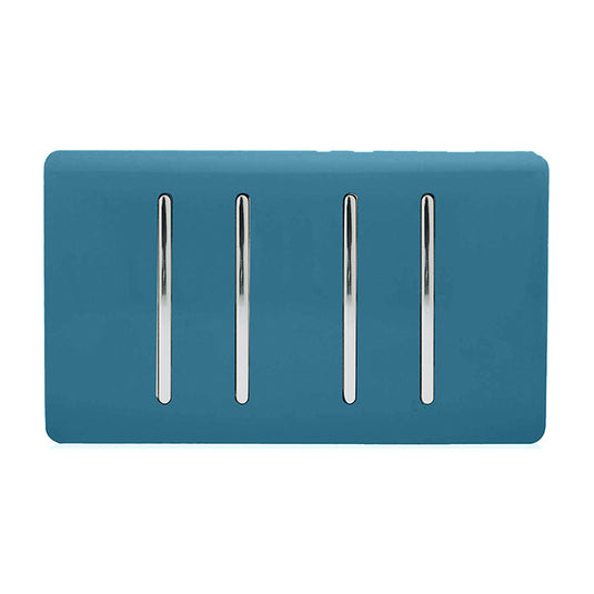 Trendi Switch ART-SS44OB, Artistic Modern 4 Gang 2 Way 10 Amp Rocker Twin Plate Ocean Blue Finish, BRITISH MADE, (25mm Back Box Required), 5yrs Warranty - 54023