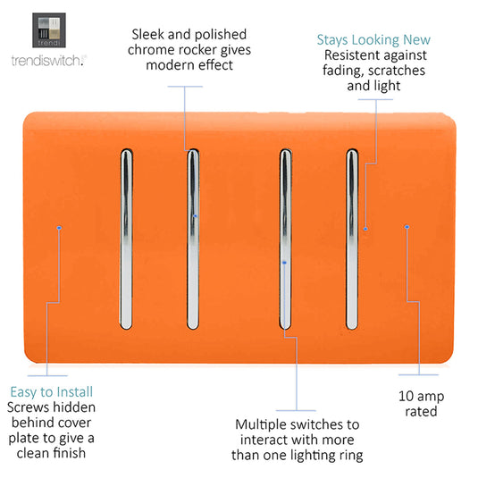 Trendi Switch ART-SS2229OR, Artistic Modern 4 Gang  (3x 2 Way 1x 3 Way Intermediate Twin Plate) Orange Finish, BRITISH MADE, (25mm Back Box Required), 5yrs Warranty - 53925